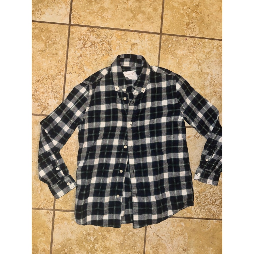 Cotton & Co Boys Navy‎ Blue Green White Plaid Button Down Shirt Size 10